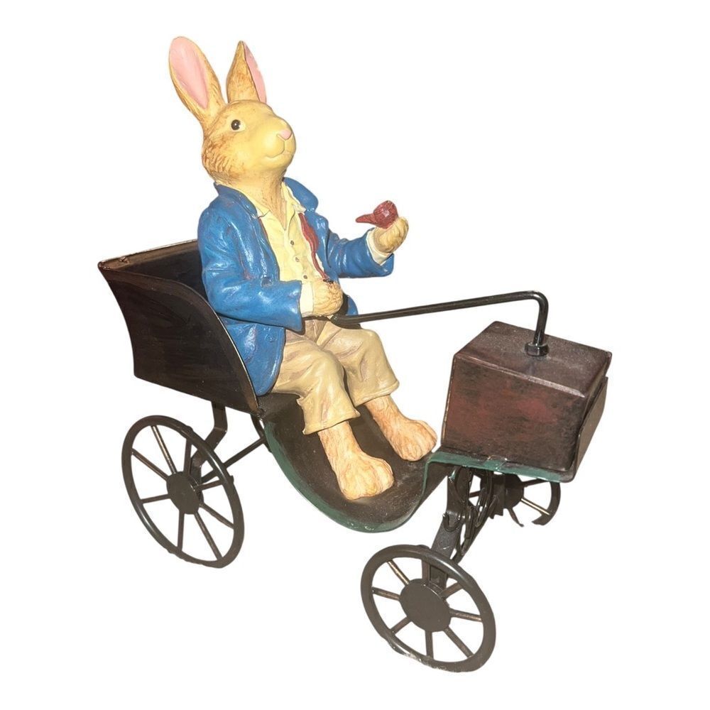 Russ Berrie & Co Olde World Heritage Bunny Driving Carriage Wheels Move EUC